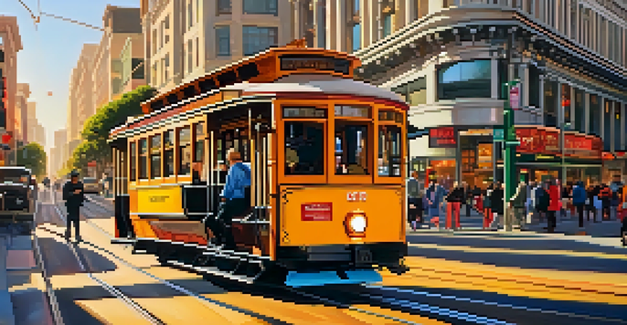 A lively street in San Francisco with a Muni streetcar, pedestrians, and shops under a golden sunset.