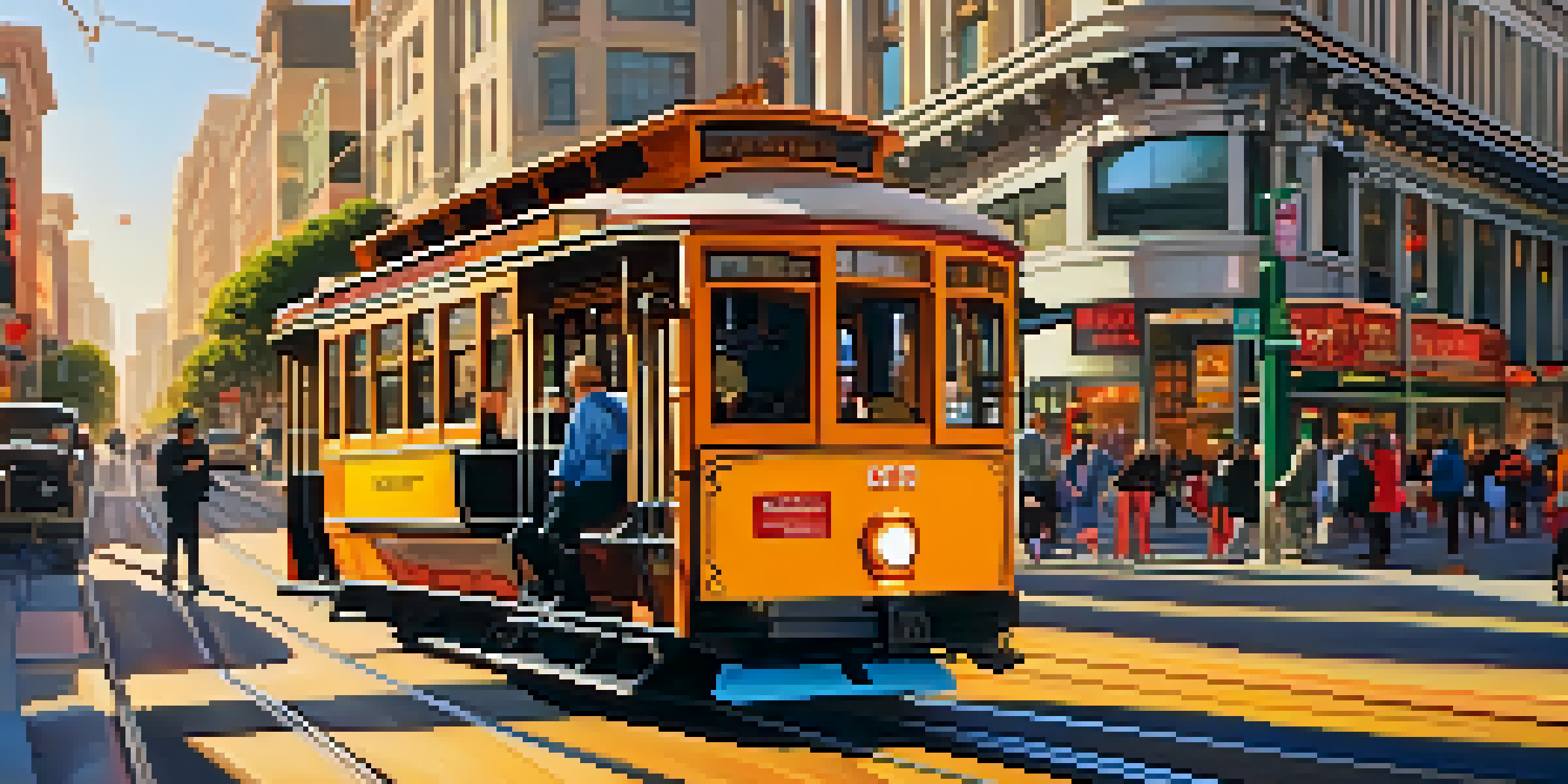 A lively street in San Francisco with a Muni streetcar, pedestrians, and shops under a golden sunset.