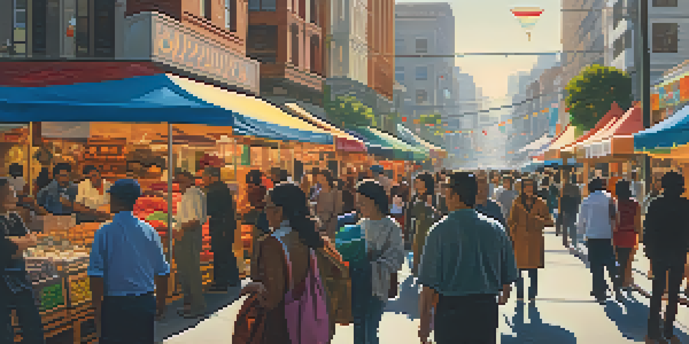 A diverse group of people in a busy San Francisco market, engaging in conversation amidst colorful stalls and multilingual signs.