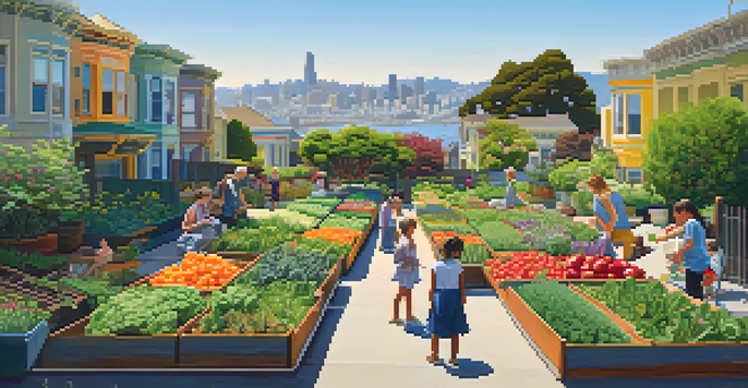 A colorful urban garden in San Francisco with residents gardening, children playing, and iconic architecture in the background.