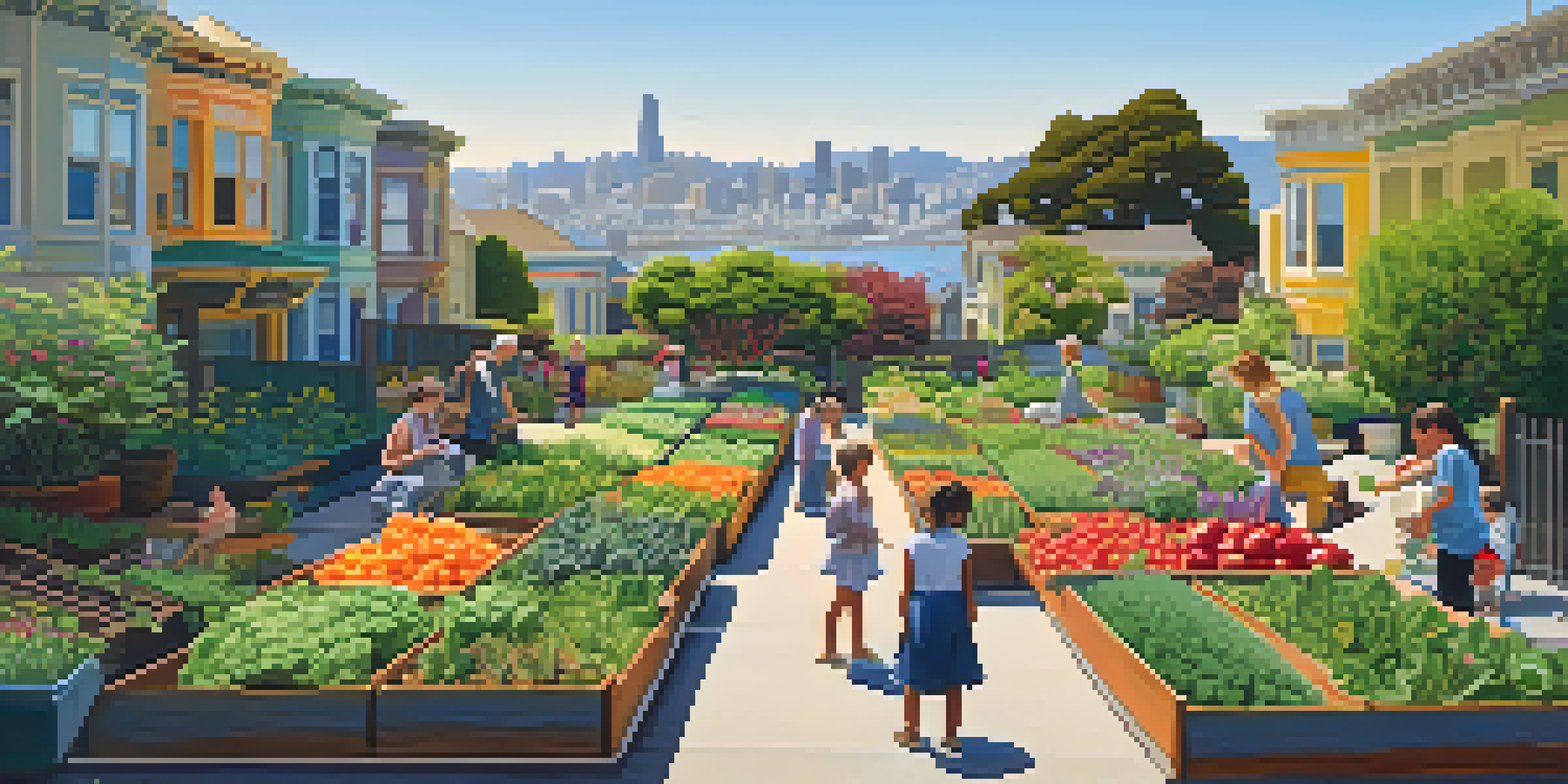 A colorful urban garden in San Francisco with residents gardening, children playing, and iconic architecture in the background.