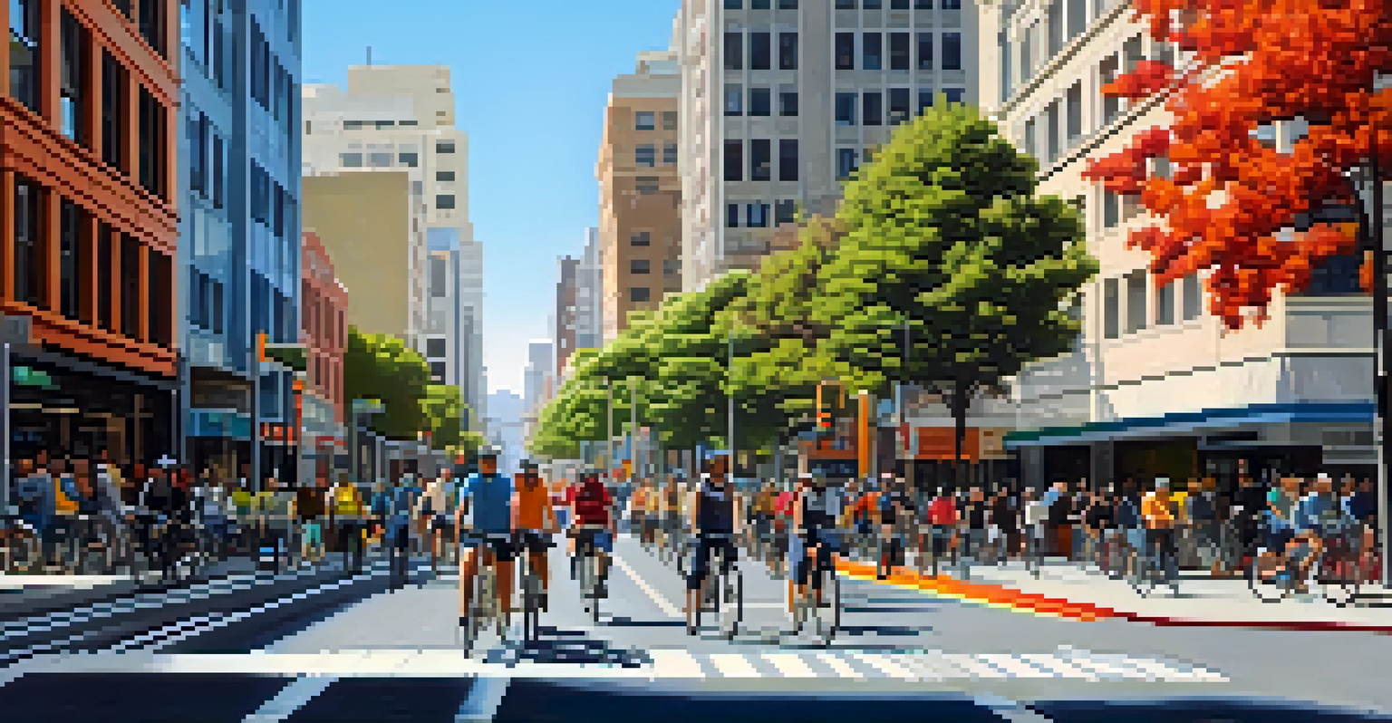 A bustling San Francisco street with cyclists and pedestrians, colorful bike lanes, and modern buildings under a clear blue sky.