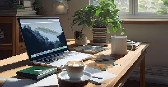 A cozy study area with a wooden desk filled with tech books, a laptop, and plants, illuminated by natural light.