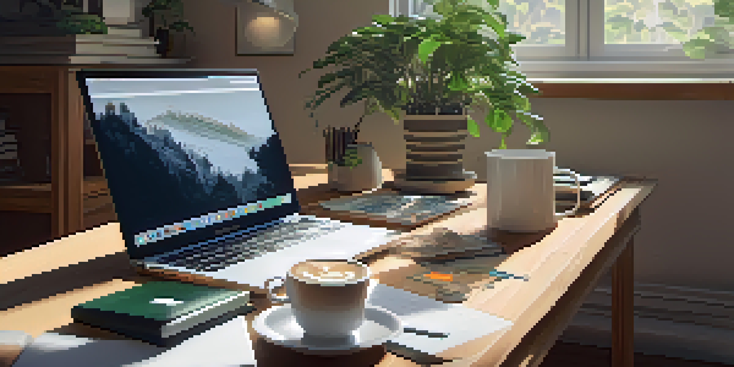 A cozy study area with a wooden desk filled with tech books, a laptop, and plants, illuminated by natural light.