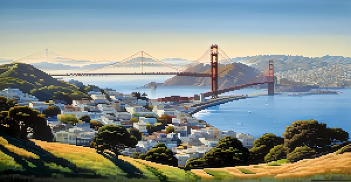 A wide view of San Francisco featuring its hills, the Golden Gate Bridge, and fog from the Pacific Ocean, illustrating the city's unique geography.