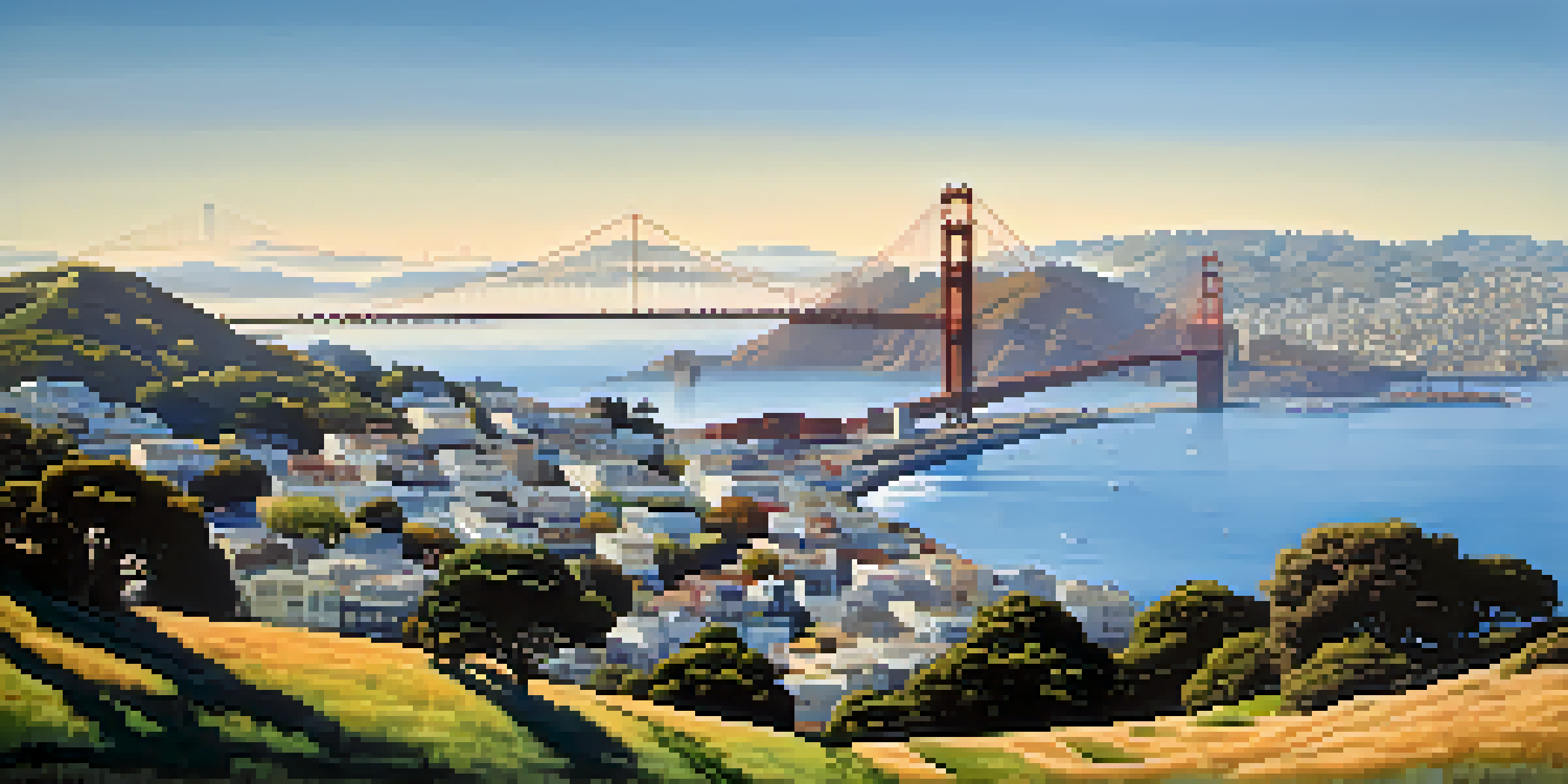 A wide view of San Francisco featuring its hills, the Golden Gate Bridge, and fog from the Pacific Ocean, illustrating the city's unique geography.