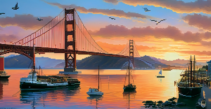 A colorful sunset over San Francisco's waterfront with the Golden Gate Bridge in silhouette, historic ships, and people enjoying the view.