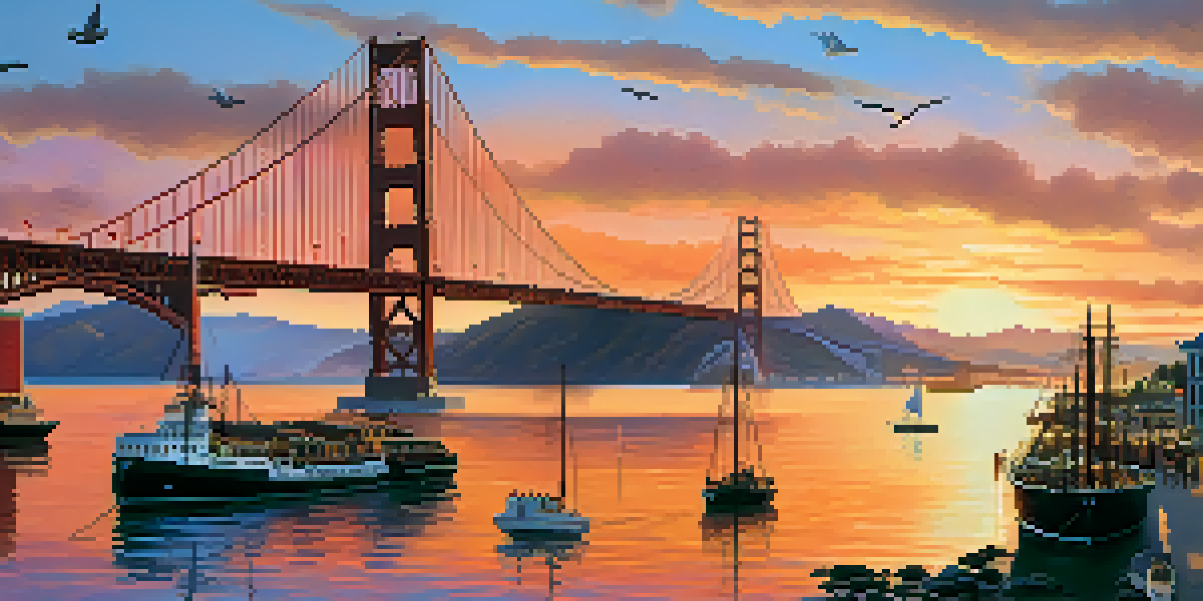 A colorful sunset over San Francisco's waterfront with the Golden Gate Bridge in silhouette, historic ships, and people enjoying the view.