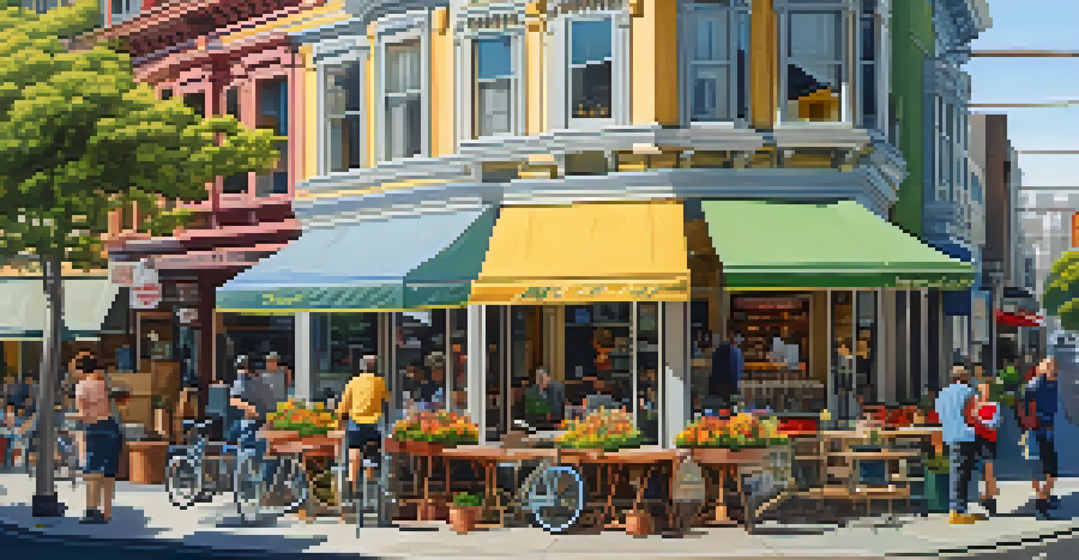 A lively street view of a San Francisco neighborhood with small businesses, pedestrians, and outdoor dining, showcasing a vibrant community atmosphere.