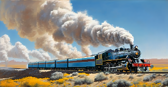 A steam locomotive crossing an arid landscape, with smoke billowing against a blue sky and wildflowers in the foreground.