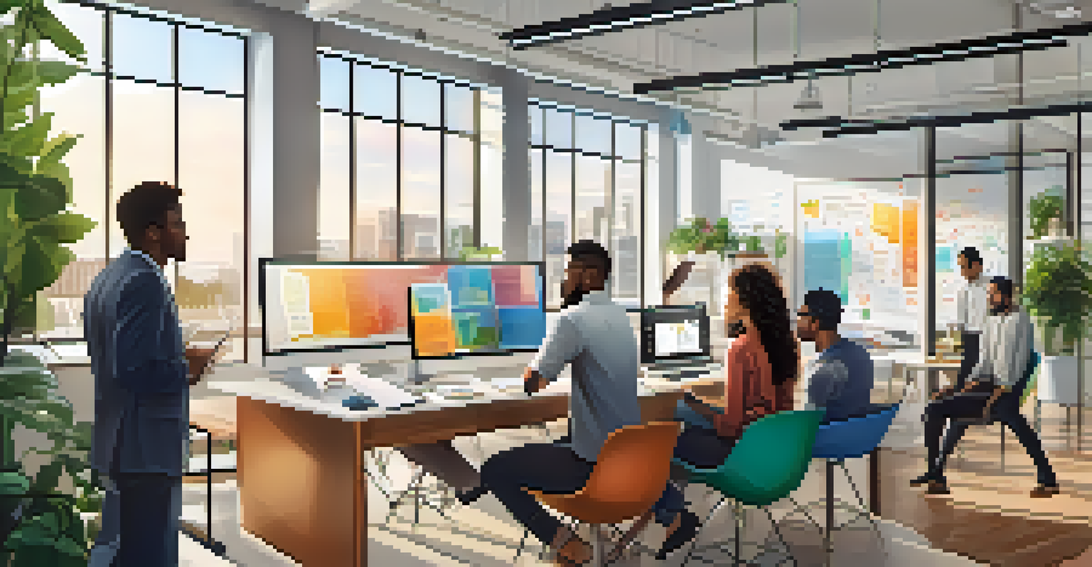 A modern office setting showing a diverse startup team brainstorming at a whiteboard, surrounded by natural light and greenery.