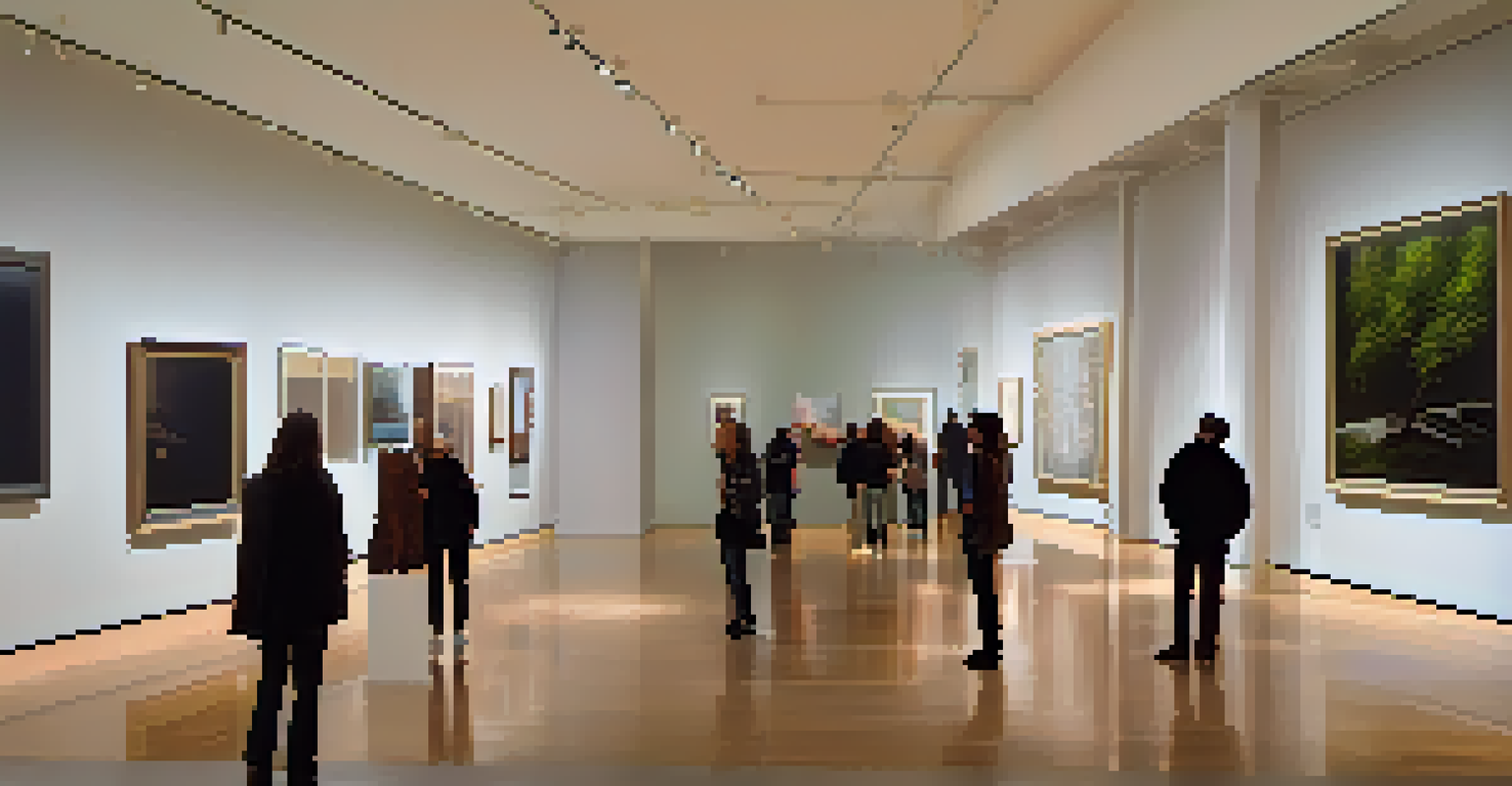 A serene late-night view inside the San Francisco Museum of Modern Art with visitors exploring art exhibits under soft ambient lighting.