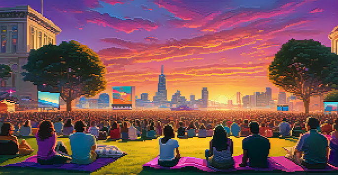 A lively outdoor film festival in San Francisco with diverse people watching a film on a large screen, surrounded by the city's architecture and a colorful sunset.