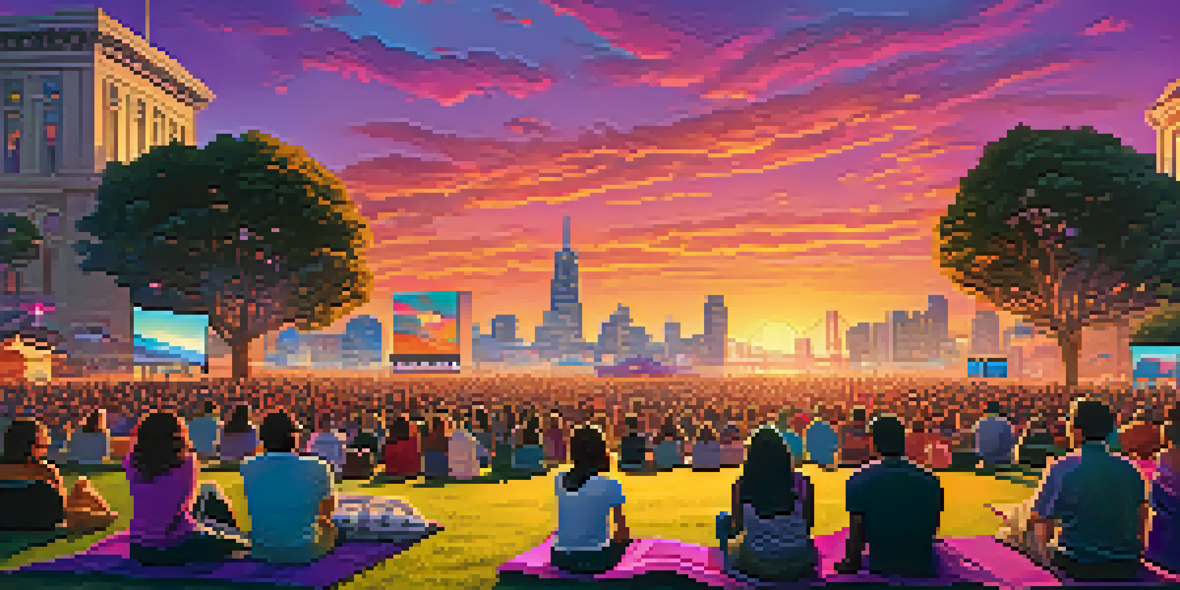 A lively outdoor film festival in San Francisco with diverse people watching a film on a large screen, surrounded by the city's architecture and a colorful sunset.
