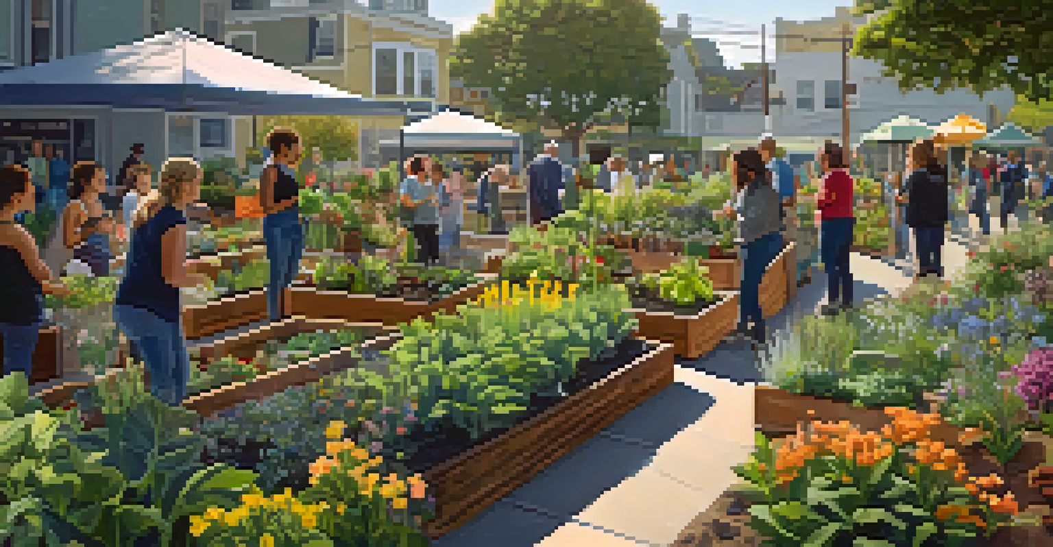 A community garden in San Francisco with residents tending to plants in a bright afternoon light, emphasizing community collaboration.