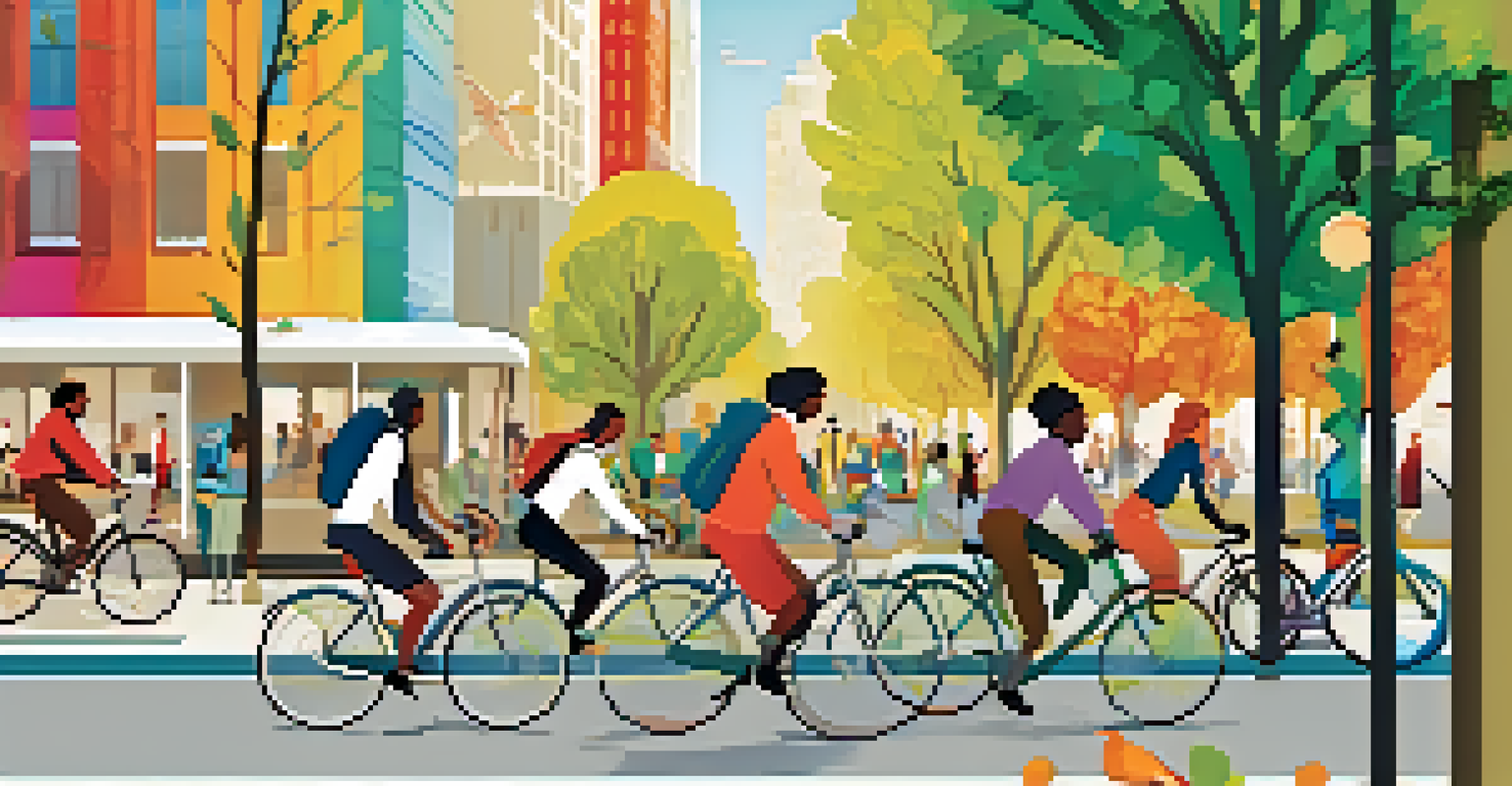 A visually appealing poster promoting sustainable transport, with images of cycling, public transit, and clean urban spaces.
