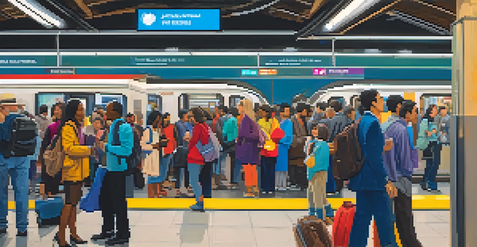 A busy BART station filled with diverse commuters, including a businesswoman, a family, and a tourist. Colorful signs and digital displays add to the lively atmosphere.