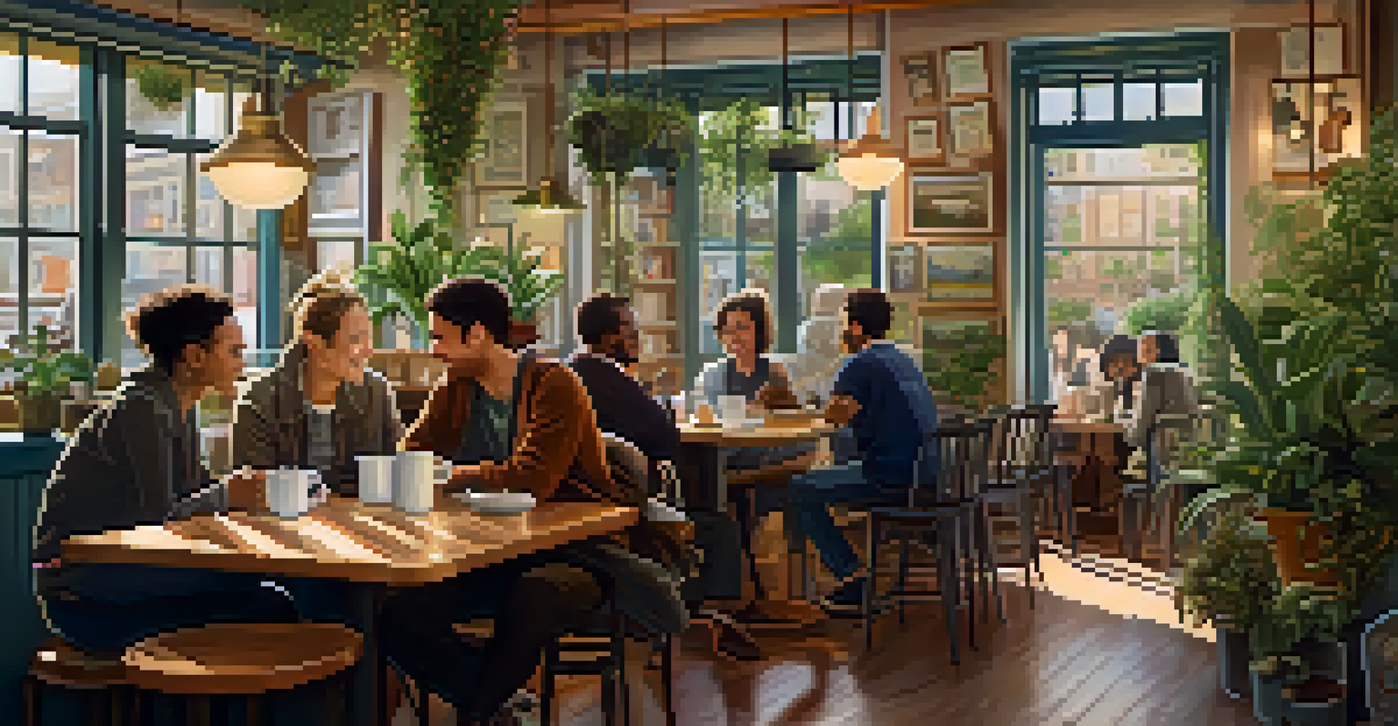 A warm café scene with diverse people conversing in different languages, surrounded by greenery and soft lighting.