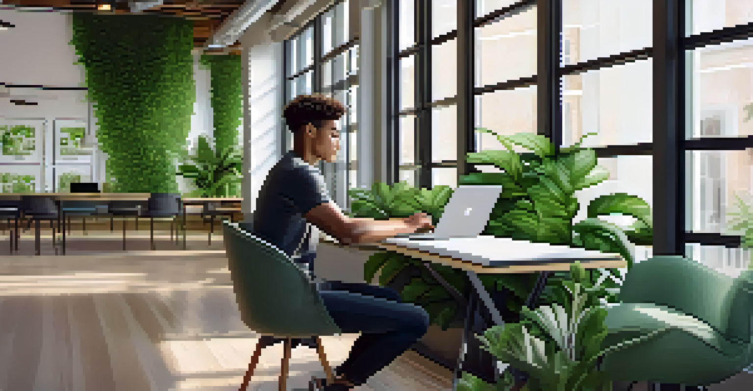 A young entrepreneur working on a laptop in a bright, modern co-working space filled with plants.