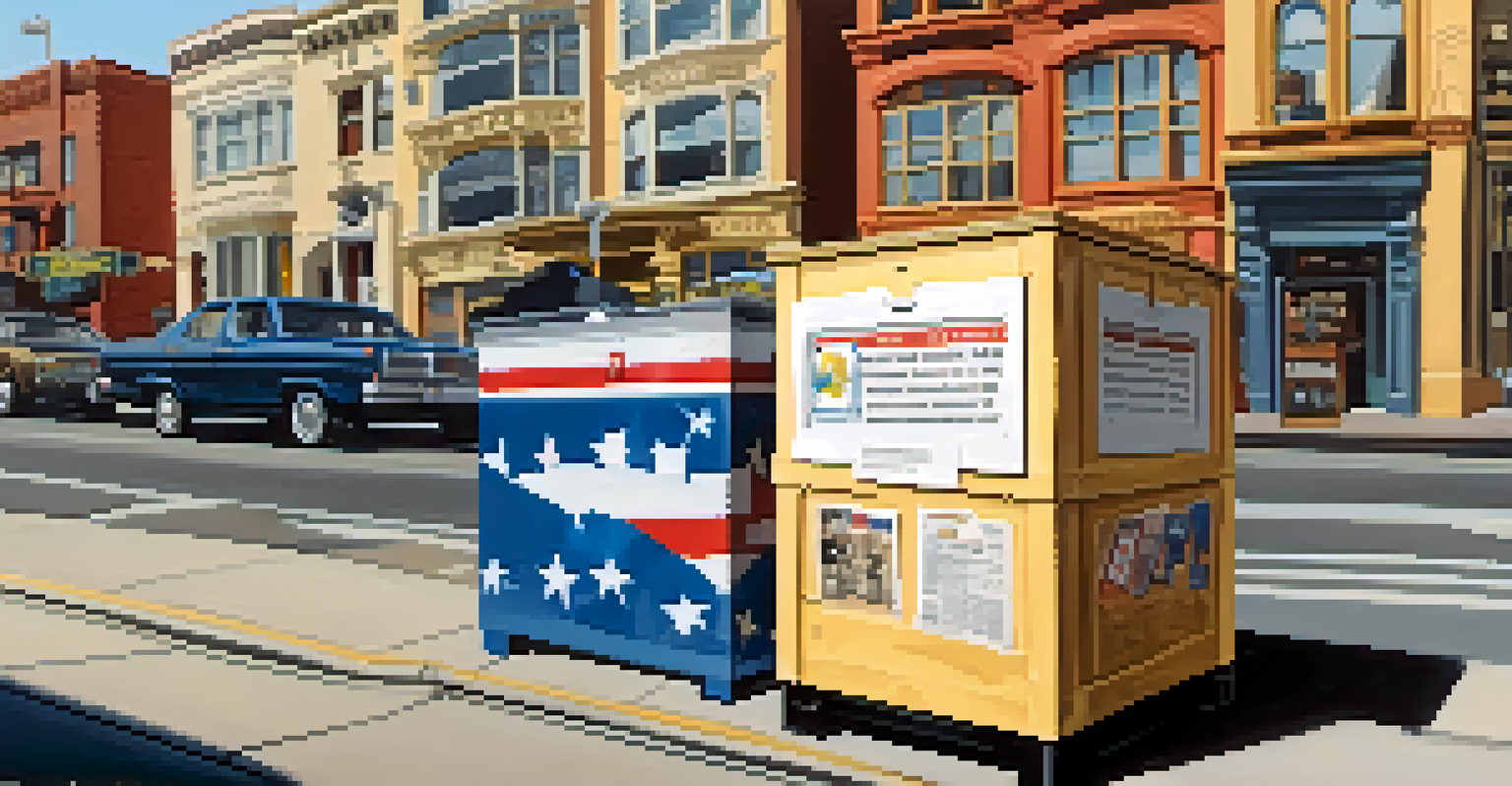 A voter dropping their ballot into a ballot box in San Francisco, with a lively street scene in the background and sunny weather.