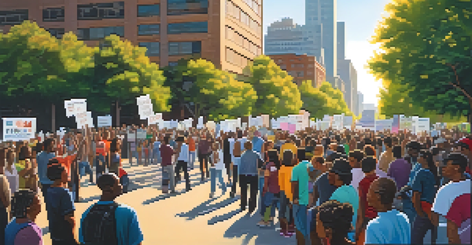 A diverse group of people participating in a community protest in an urban park, with colorful signs and a bright sunny atmosphere.