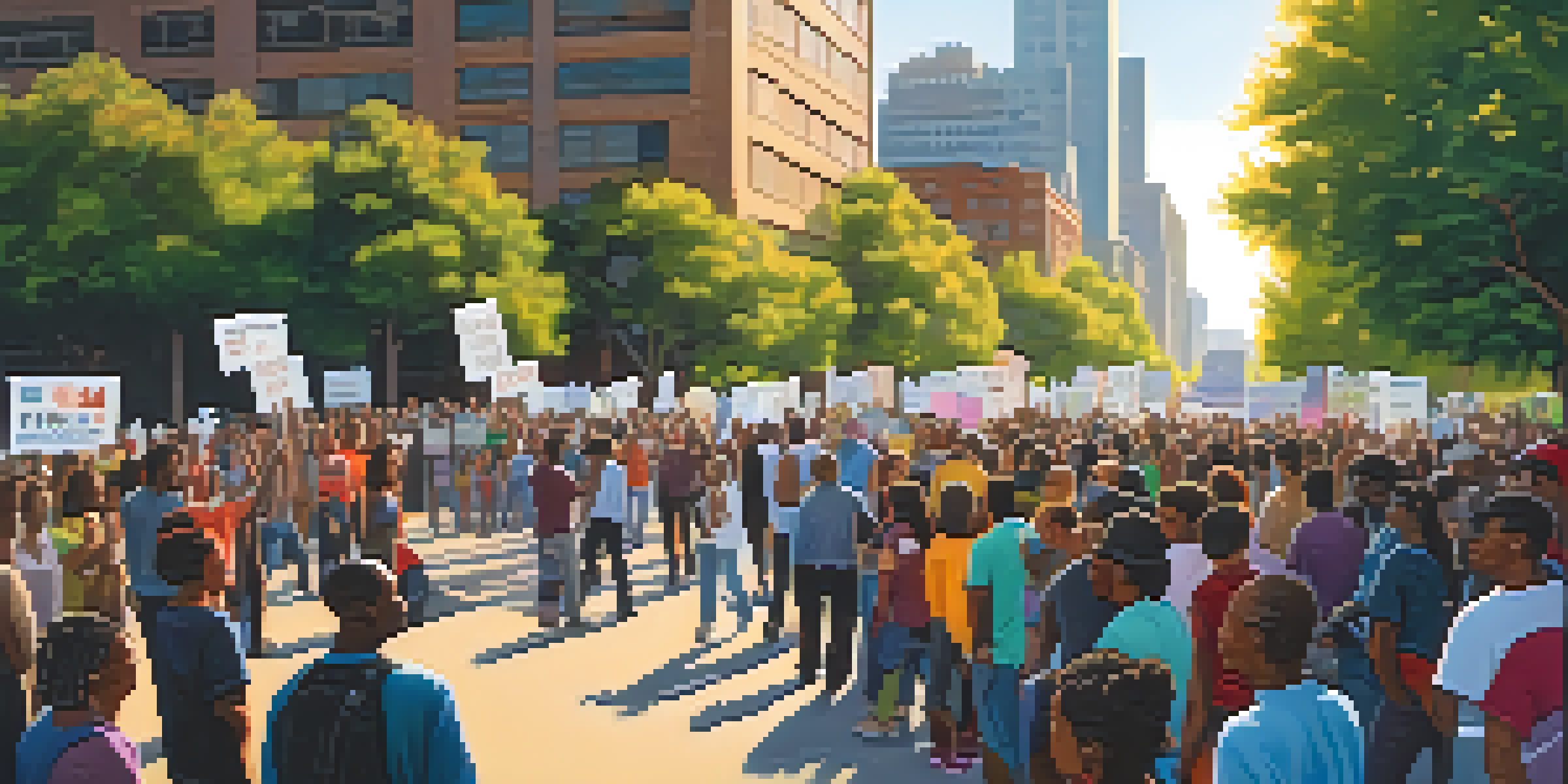 A diverse group of people participating in a community protest in an urban park, with colorful signs and a bright sunny atmosphere.
