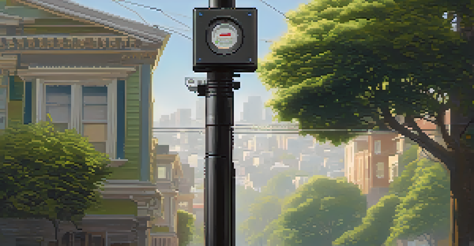 A close-up of a weather sensor in a San Francisco neighborhood surrounded by greenery and fog.