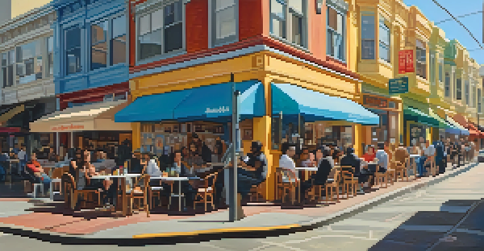 A lively street in the Mission District with colorful murals, outdoor cafe seating, and people talking, all under a warm sun.