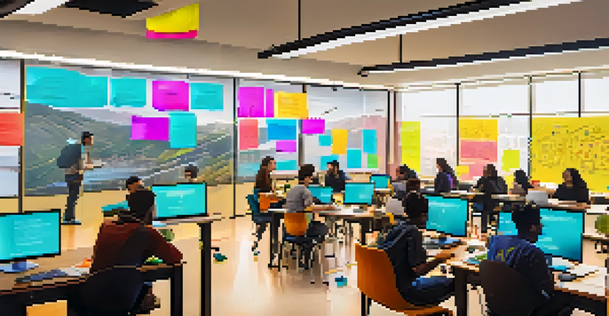 A lively classroom filled with diverse students collaborating on tech projects, surrounded by modern technology and natural light.
