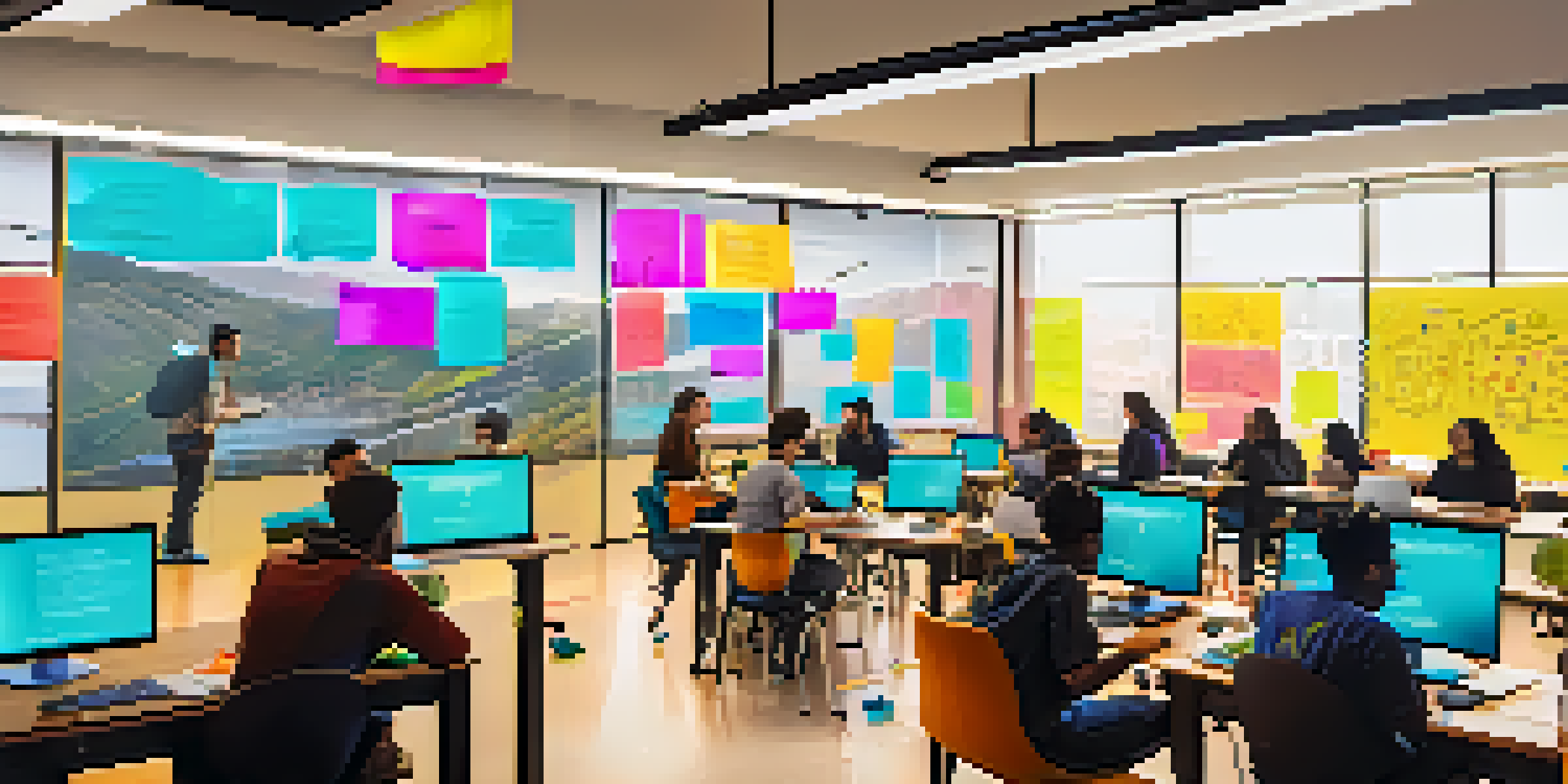 A lively classroom filled with diverse students collaborating on tech projects, surrounded by modern technology and natural light.
