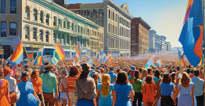 A diverse group of women marching at a rally in San Francisco, holding colorful banners for women's rights under a bright blue sky.