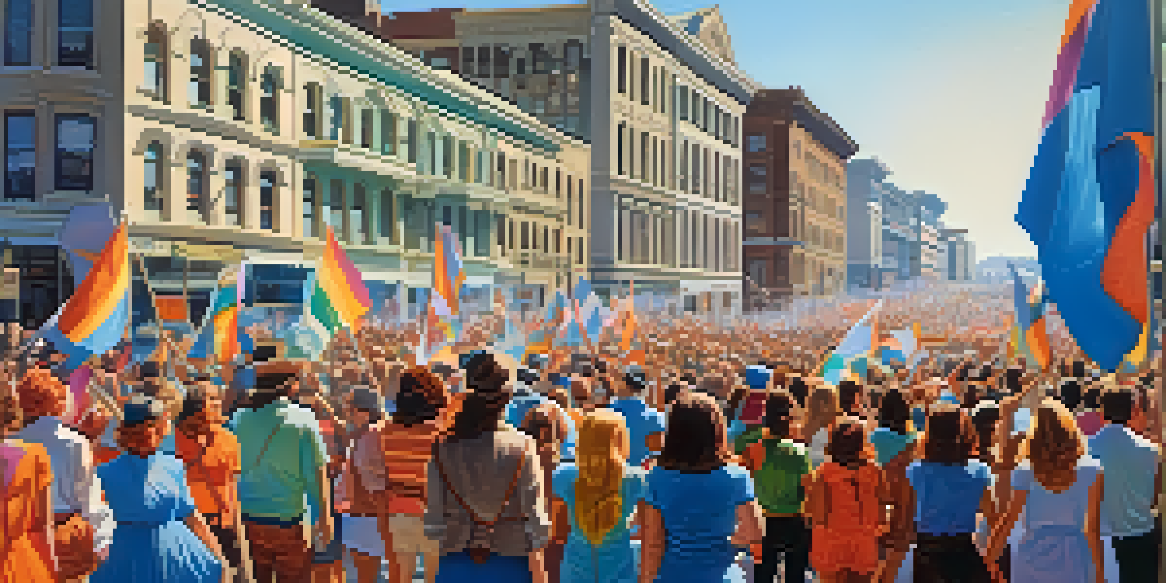 A diverse group of women marching at a rally in San Francisco, holding colorful banners for women's rights under a bright blue sky.