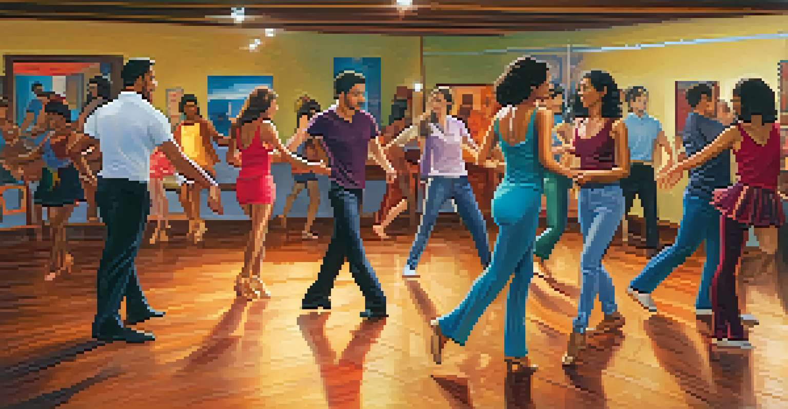 A salsa dance class in a cozy studio with students learning from an instructor, surrounded by vibrant artworks.