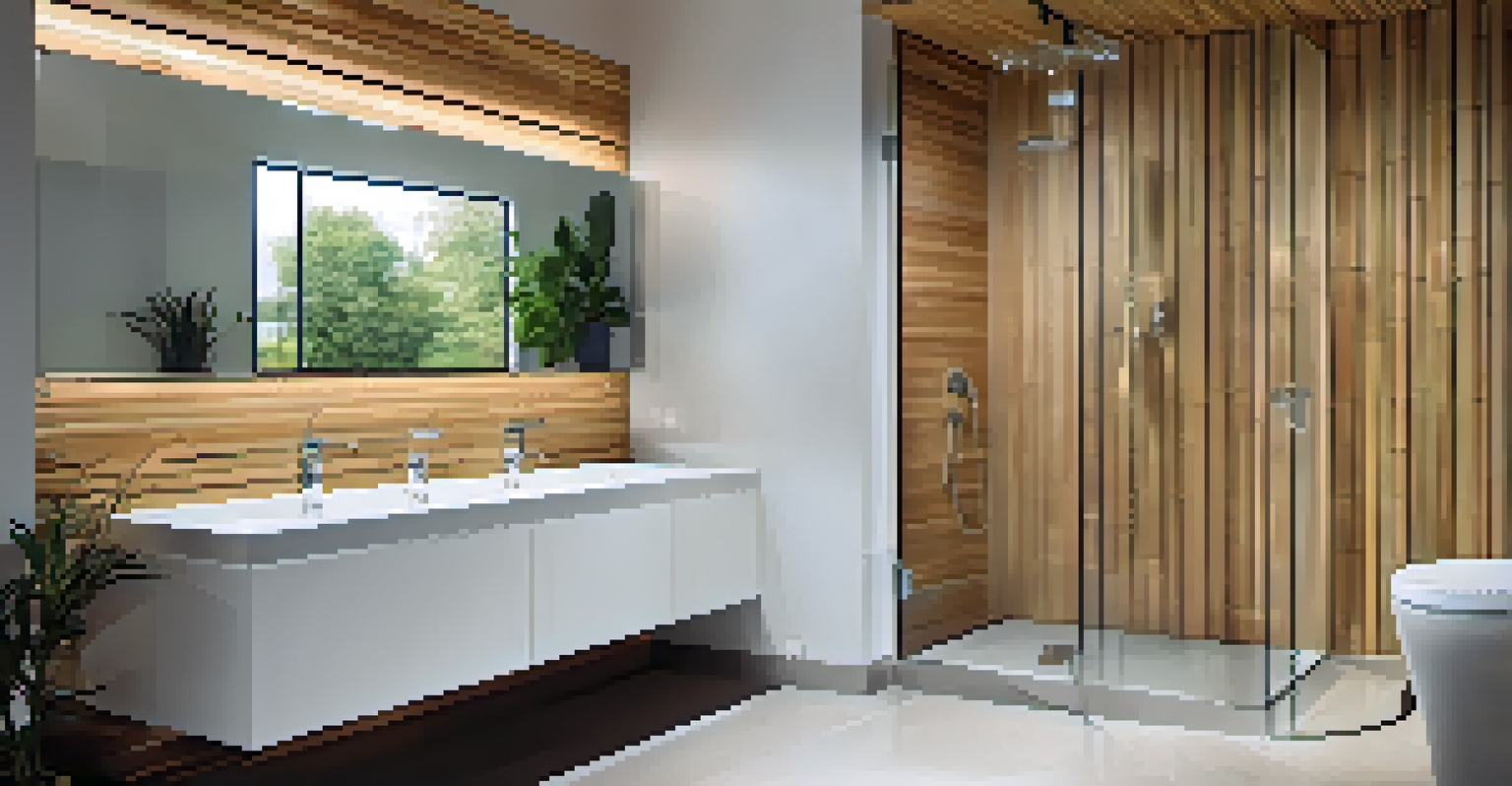 A modern eco-friendly bathroom showcasing advanced water-saving fixtures, illuminated by natural light, with sustainable materials on the walls.