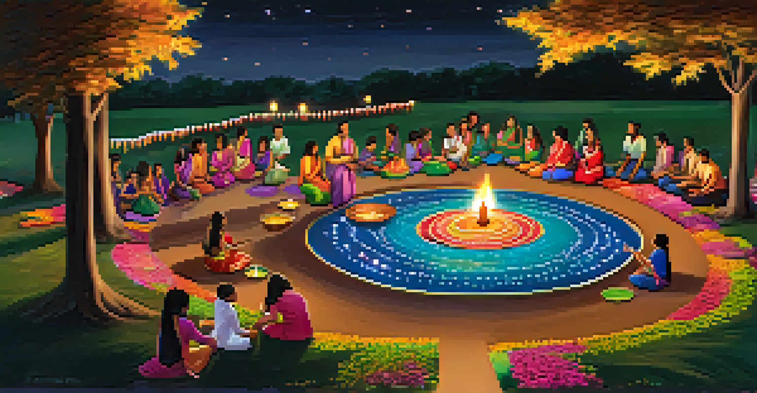 Families celebrating Diwali in a park, lighting diyas and creating colorful rangoli designs, with fireworks in the background.