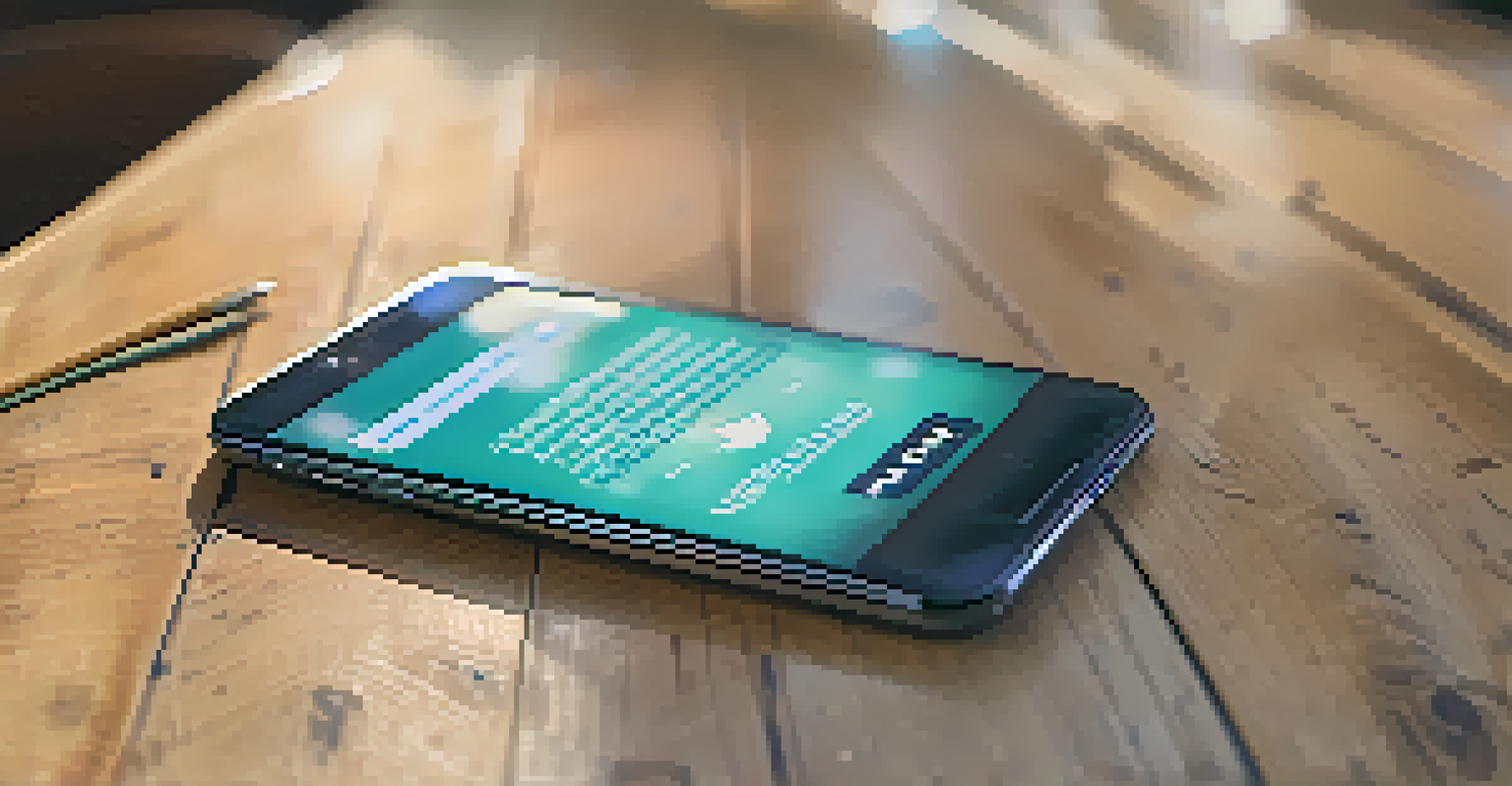 A close-up of a smartphone displaying social media notifications and hashtags for grassroots movements on a wooden table.