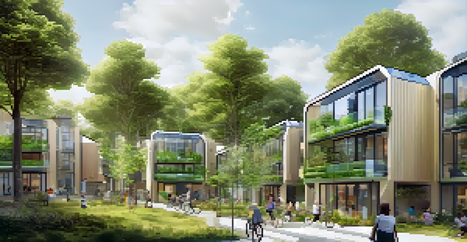 A modern modular housing complex with green roofs and solar panels, surrounded by gardens and walking paths in an urban setting.