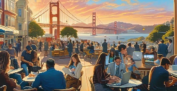 A lively street scene in San Francisco with entrepreneurs working on laptops outside a café, with the Golden Gate Bridge in the background.