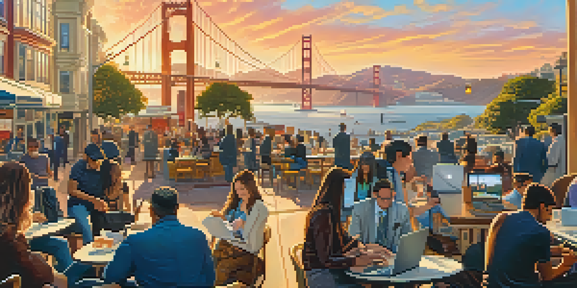 A lively street scene in San Francisco with entrepreneurs working on laptops outside a café, with the Golden Gate Bridge in the background.
