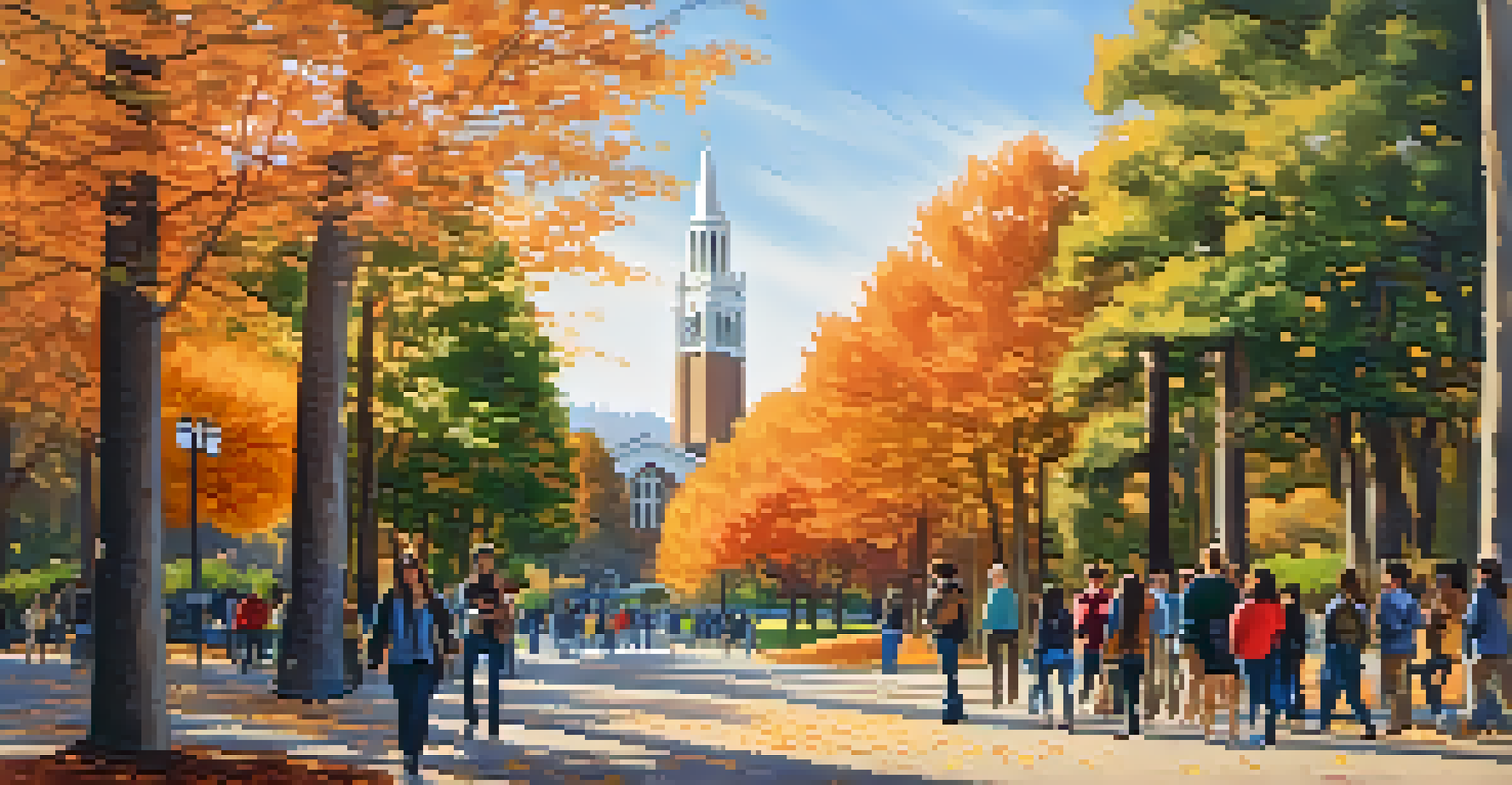 A scenic view of UC Berkeley's campus with the Campanile tower surrounded by colorful autumn trees and students walking.
