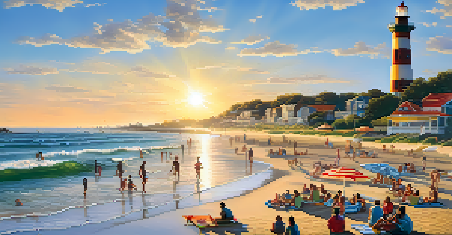 A lively beach scene at golden hour with families picnicking and surfers in the ocean.