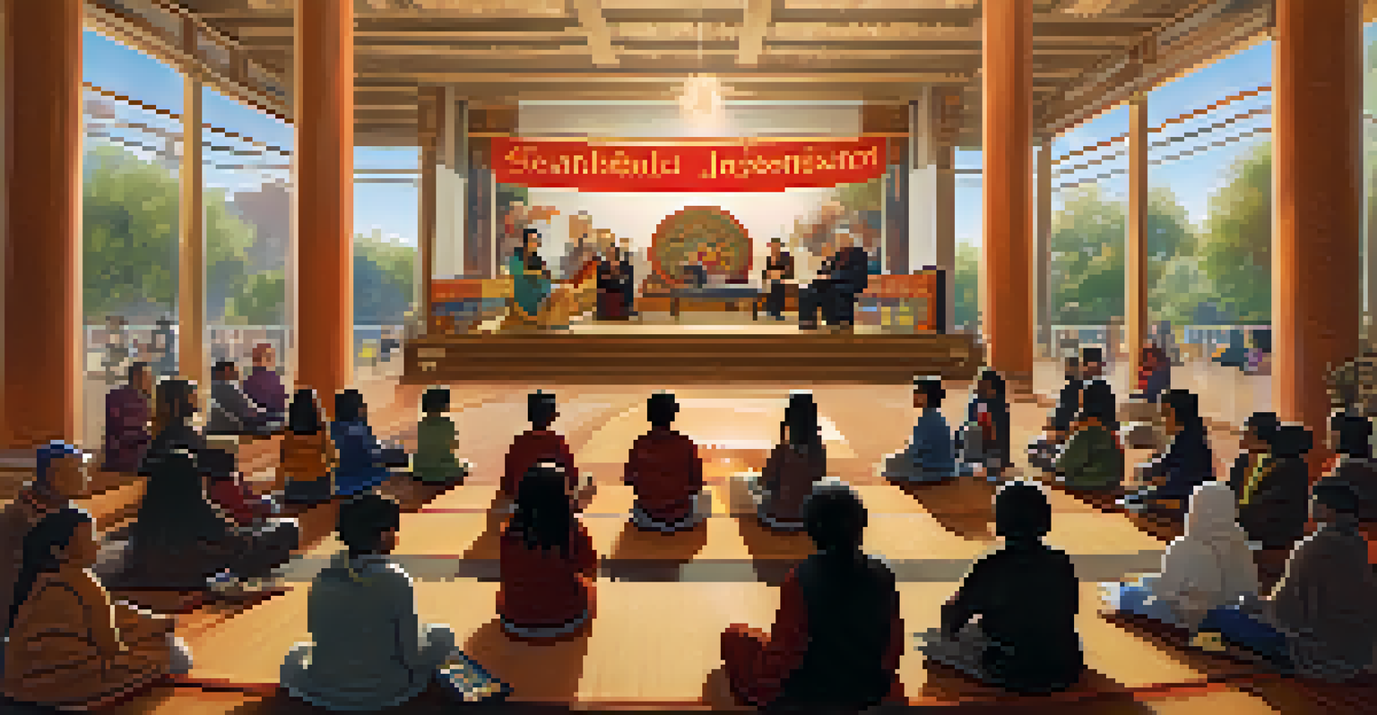 A storyteller on stage sharing cultural tales in a library, with an engaged audience and decorative artifacts around, all under soft warm lighting.