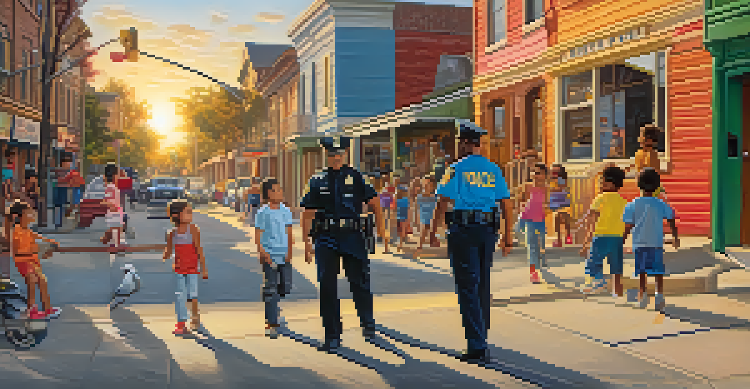 A police officer walking through a vibrant urban neighborhood, engaging with children and community art.