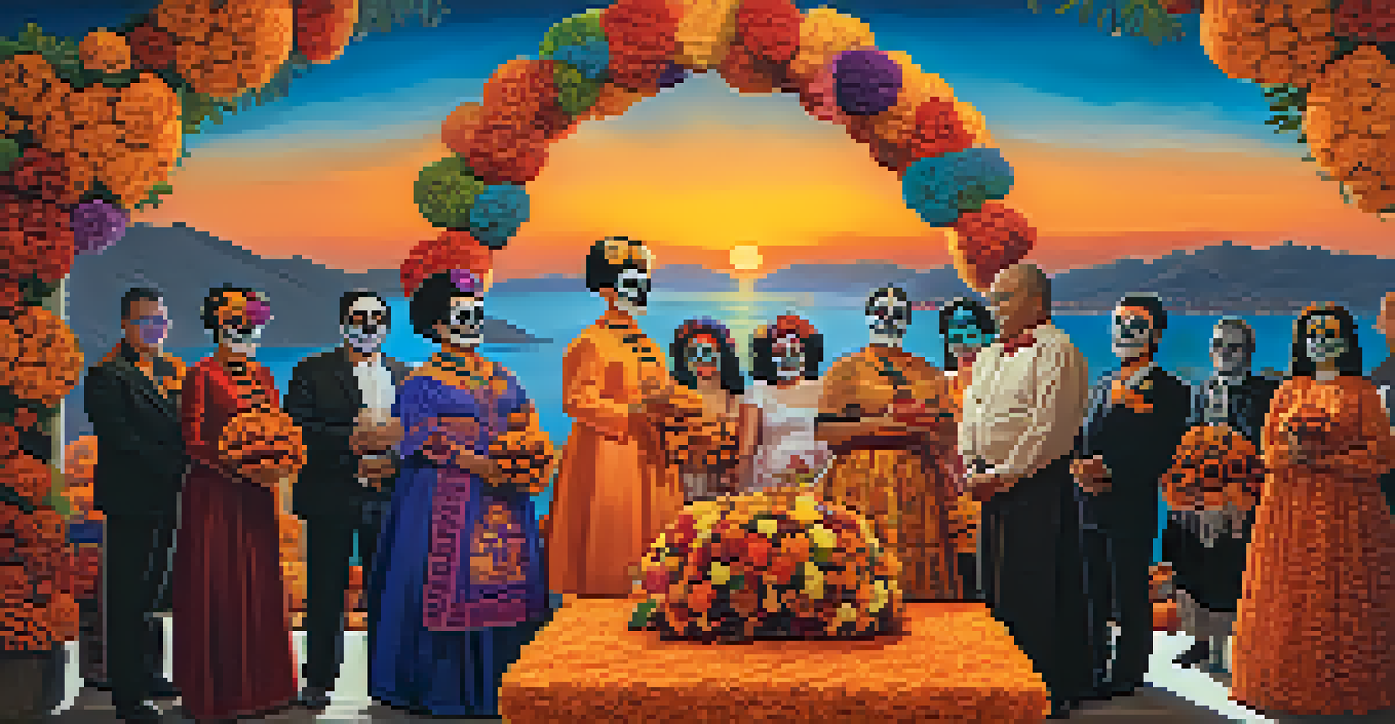 A vibrant Day of the Dead celebration with a decorated altar and participants in traditional attire, set against a colorful sunset.