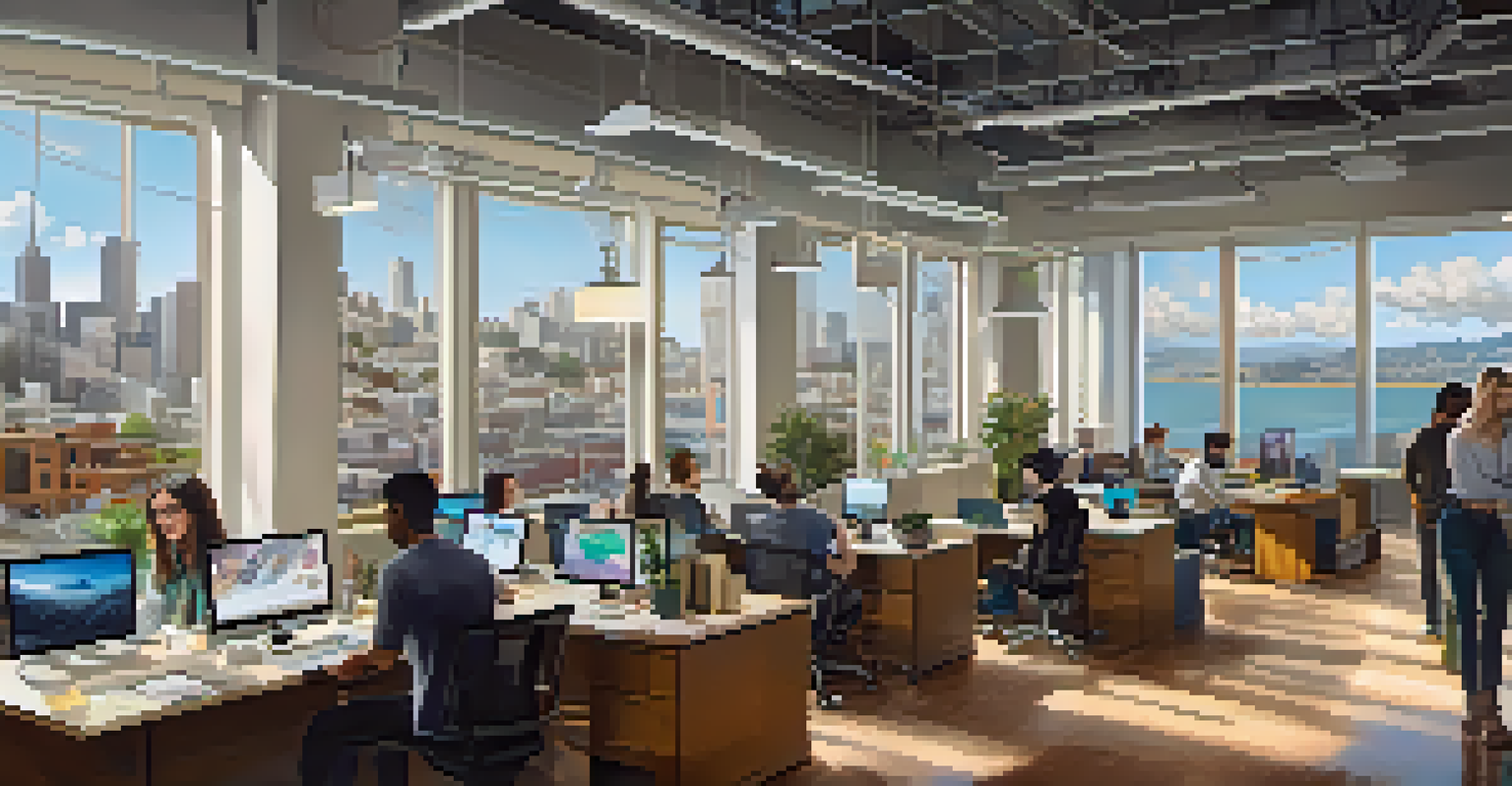 A modern startup office in San Francisco with diverse individuals collaborating around a workspace.