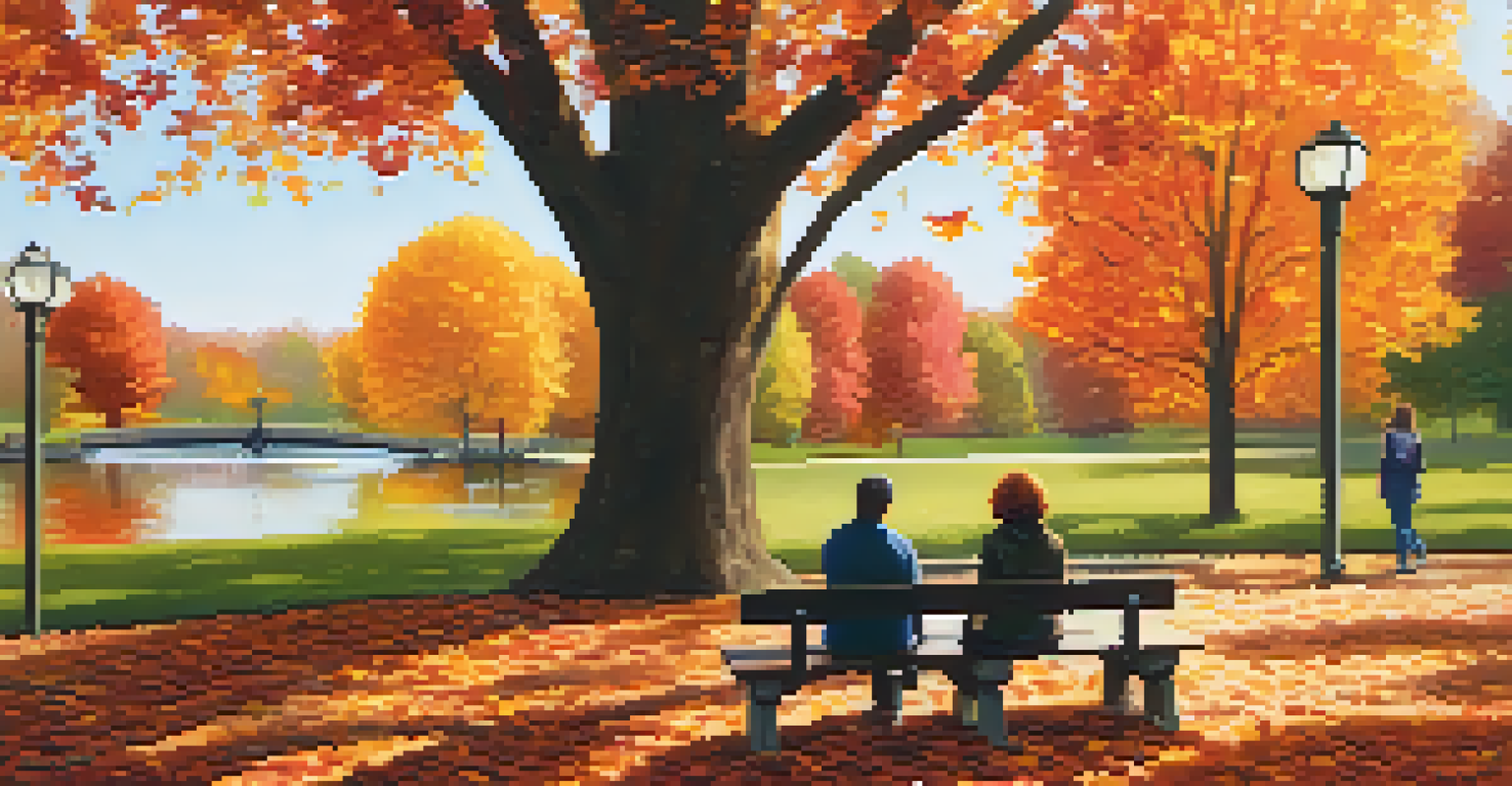 A therapist and client sharing a moment on a bench in a colorful autumn park.