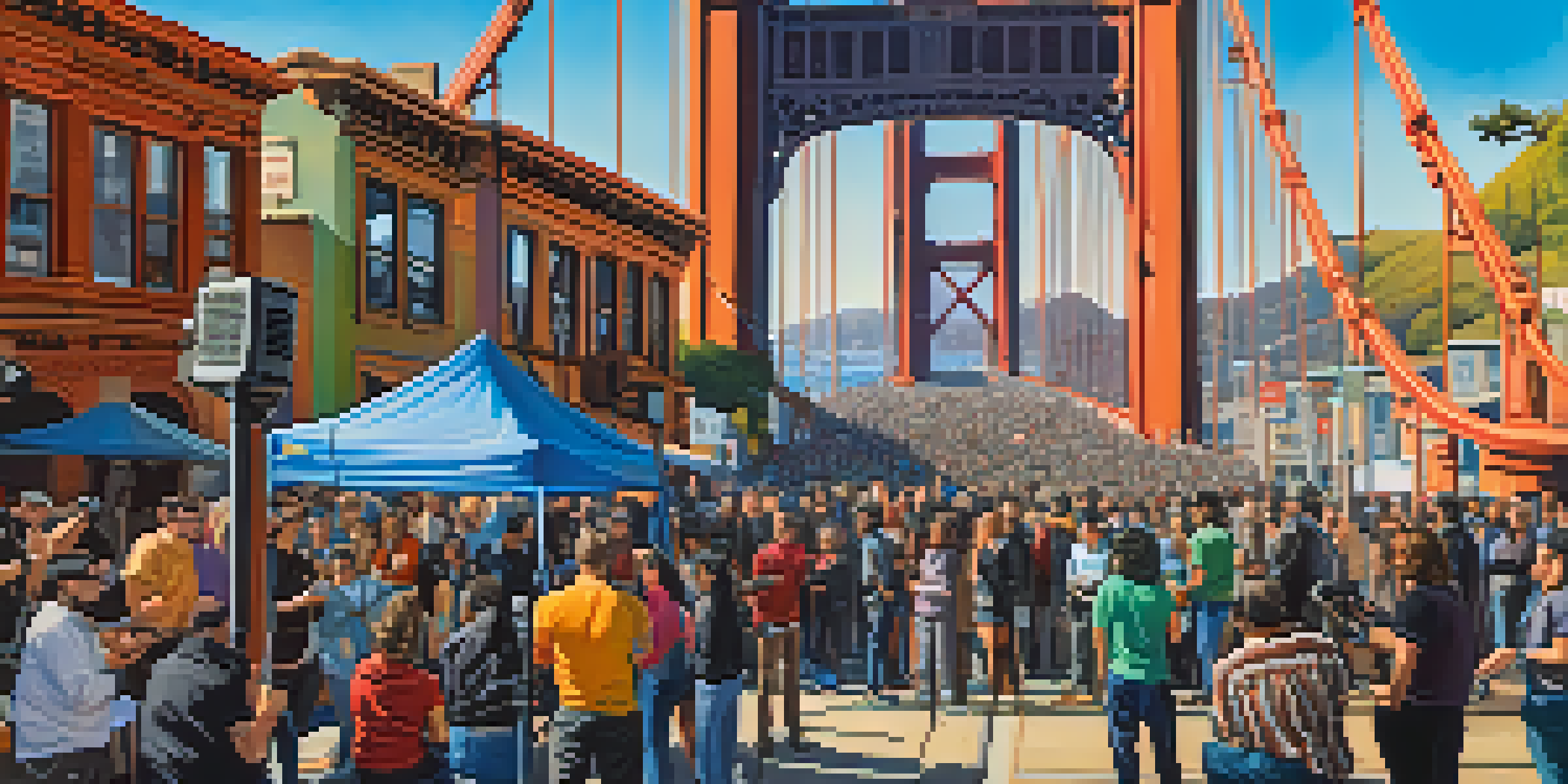A diverse group of podcasters recording a live event outdoors in San Francisco with colorful street art and the Golden Gate Bridge in the background.
