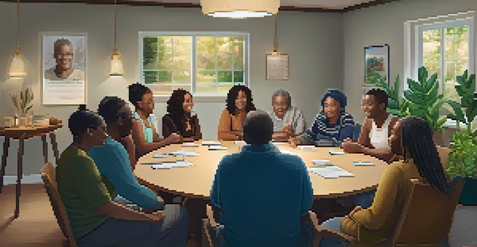 A group of diverse individuals sitting in a circle in a cozy room, sharing their experiences in a supportive environment.