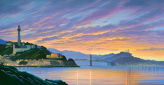 A sunset view of Alcatraz Island with the prison silhouette and the Golden Gate Bridge in the background.