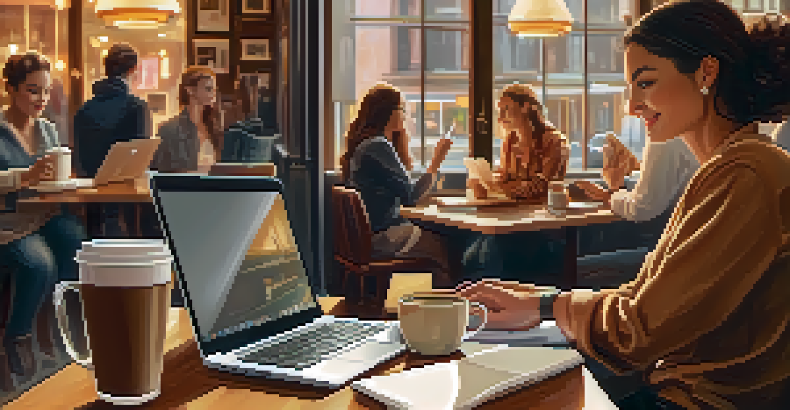 Close-up of hands typing on a laptop in a lively café, with a coffee cup and notepad, surrounded by women working and discussing.